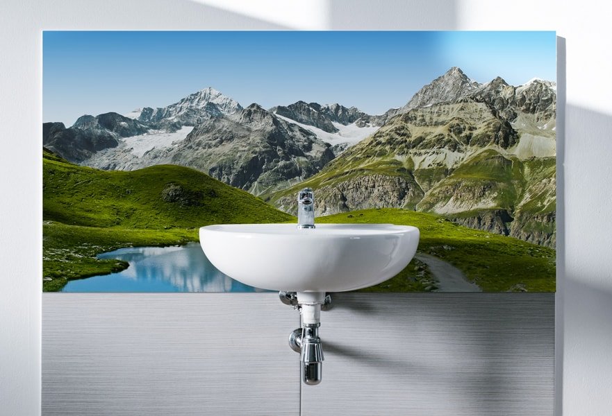 Panneaux imprimés sur mesure, crédence salle de bains, photo montagne
