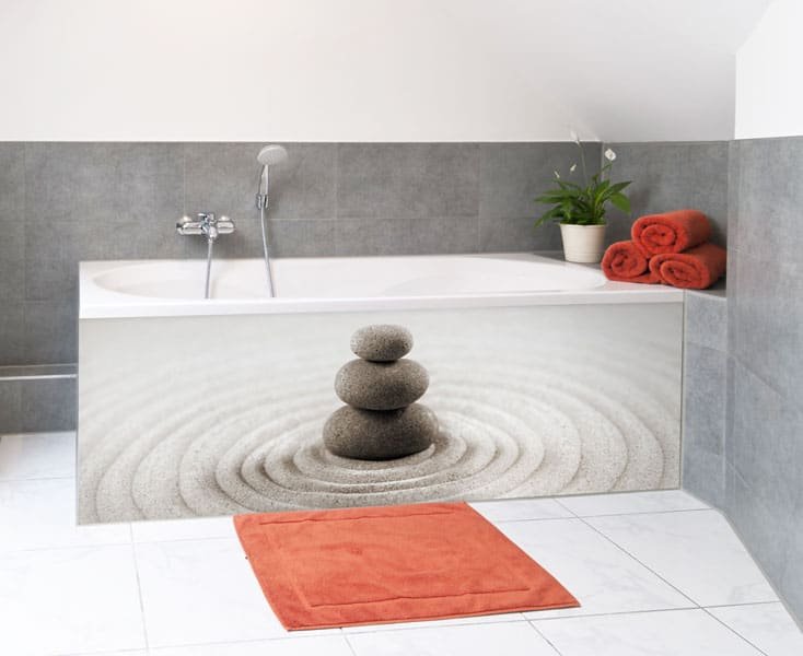 habillage baignoire, panneau aluminium composite imprimé sable et galets