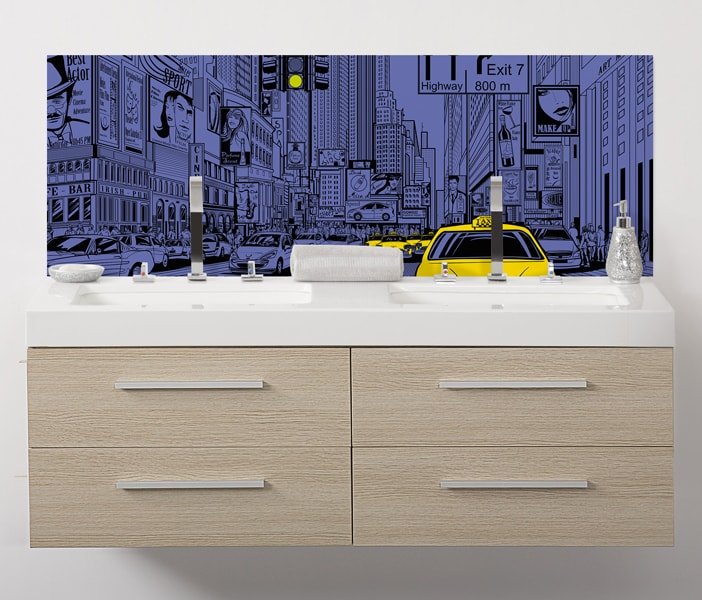 décoration mural sur mesure pour salle de bains, panneau étanche, illustration urban chic, times square bleu