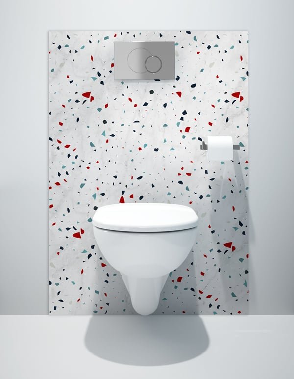 Crédence wc, terrazzo, moucheté bleu et rouge sur fond marbre blanc