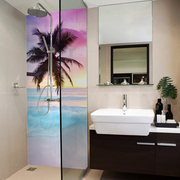 photo plage, coucher de soleil et palmier à coller dans la douche