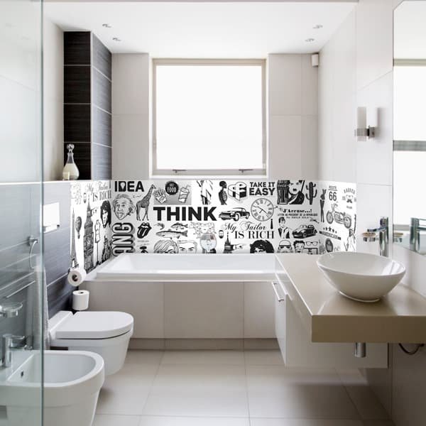 panneau mural salle de bains, décor pêle mêle