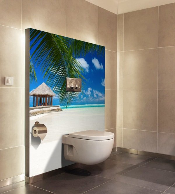 Habillage mur salle de bains, crédence étanche et décorative, ambiance voyage, plage et palmiers