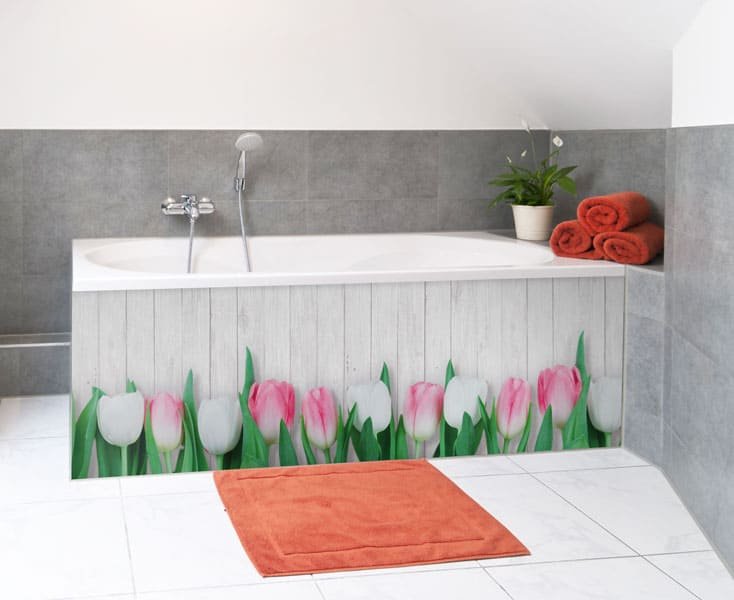 Tablier de baignoire décor Tulipes Shabby Chic, panneau collé salle de bains, panodeco nature