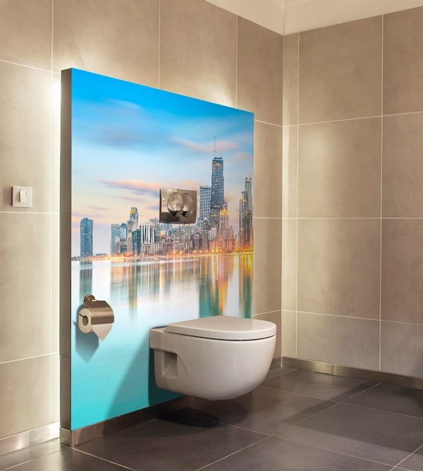 crédence wc suspendu Chicago, salle de bains ambiance voyage. Panneau sur-mesure.